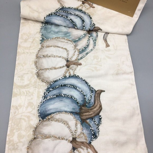 Nicole Miller Beaded Pumpkin Table Runner Blue Cream Thanksgiving Decor 14x72 - Picture 2 of 11